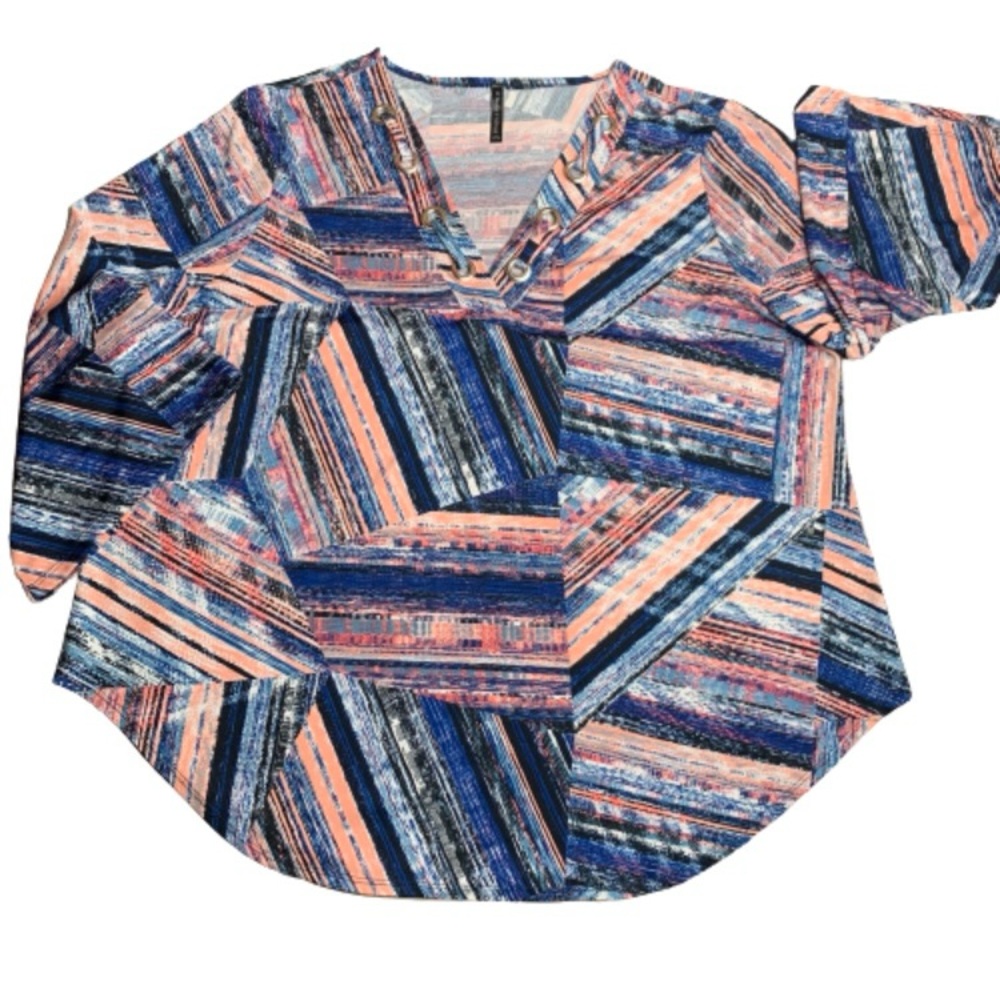 Bleeker & McDougal Multi Color Blouse Satin V-neck EUC 1X Flutter Sleeve